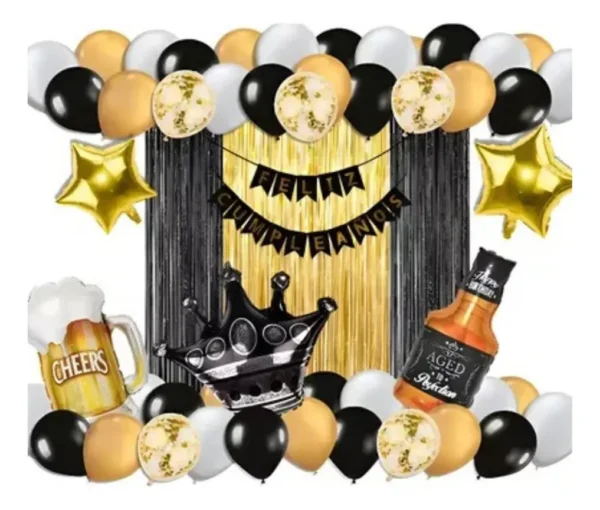 Kit Fiesta Cortina Cumpleaños Dorado Negro Corona Cumpleaños