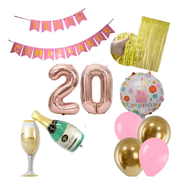 Kit Decoración En Casa Globos Bombas Rosa +feliz Cumple +copa