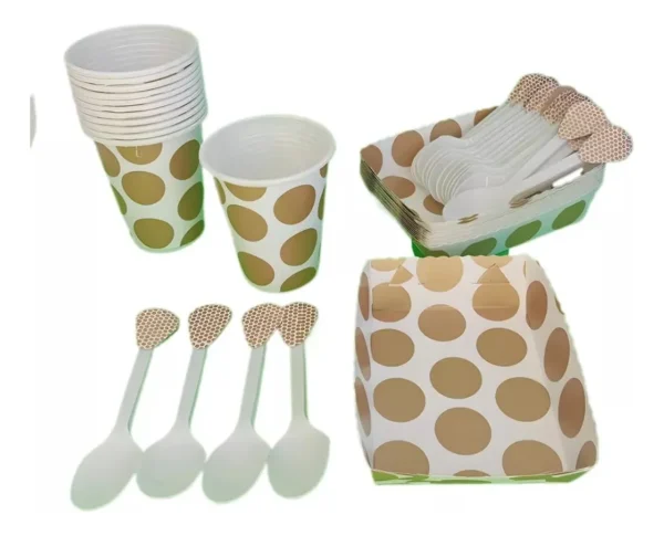 Kit Decoración Polka Dorado X24 Vasos + Platos + Cucharas