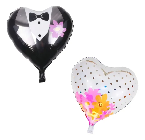 Set Globos Corazón Novio y Novia 45cm Metalizados Premium Blanco/Negro