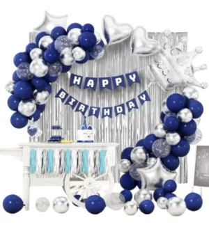 Kit Fiesta Cortina Cumpleaños Guirnalda Azul Blanco Plateado