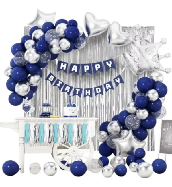 Kit Fiesta Cortina Cumpleaños Guirnalda Azul Blanco Plateado