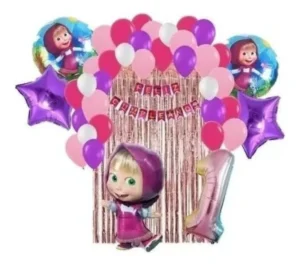 Kit Masha Oso Cumpleaños Festón Cortina Número Globos