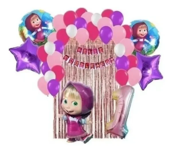 Kit Masha Oso Cumpleaños Festón Cortina Número Globos