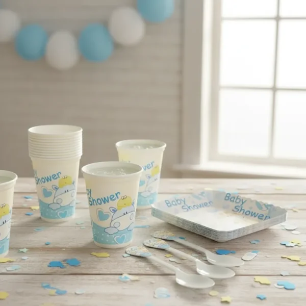 D_NQ_NP_2X_856351-MLA107124019239_022026-F (1) Kit Decoración Baby Shower X12 Vasos + Platos + Cucharas