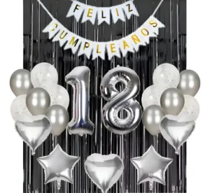 Kit Globos Cortina Numero Negro Estrella Cumpleaños Plateado