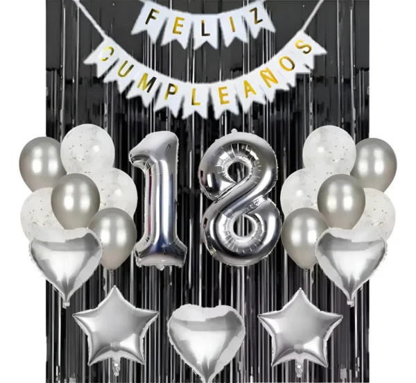 Kit Globos Cortina Numero Negro Estrella Cumpleaños Plateado
