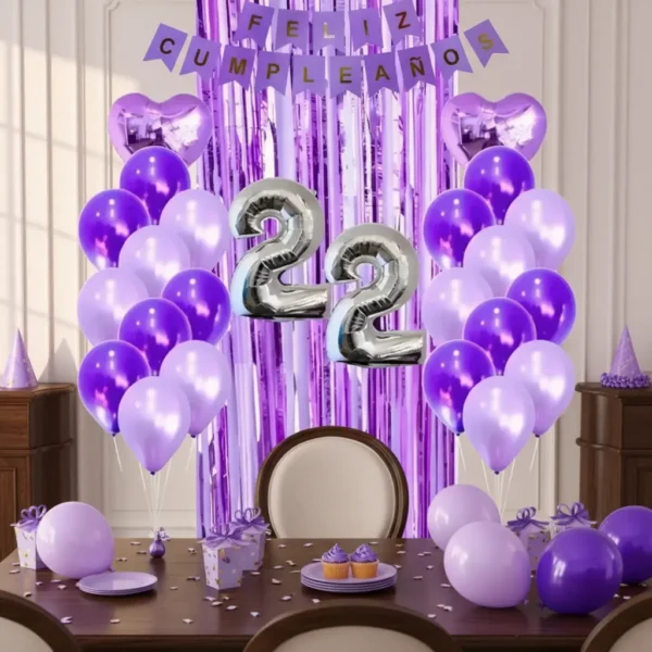 Kit Decoración Feliz Cumpleaños Globos Lila Morado + Números
