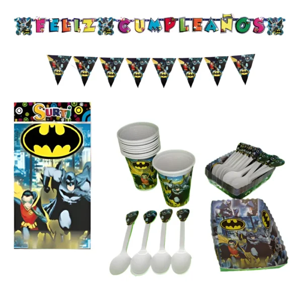 Kit Decoración Cumpleaños Batman con Vasos y Platos para 12 Niños