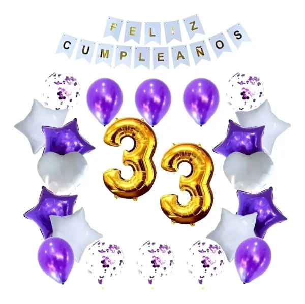 Kit Decoración Feliz Cumpleaños Bombas Lila Morado Y Plata