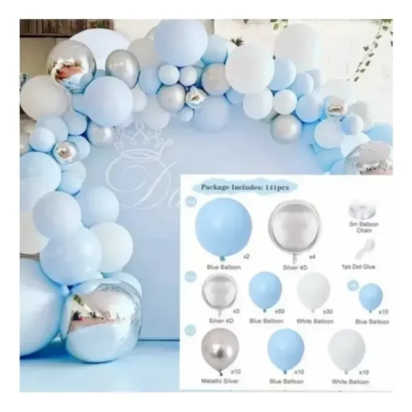 Kit Decoración Arco Cumpleaños Azul Plateado Grado Boda