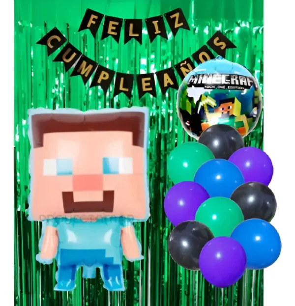 Kit Fiesta Minecraft Minero Bloques Cortina Cumpleaños Globos Verde