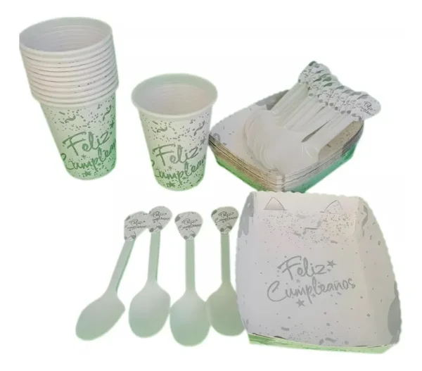 Kit Decoración Feliz Cumple Plata X24 Vaso + Plato + Cuchara