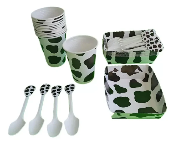D_NQ_NP_2X_910379-MCO107037148407_022026-F Kit Decoración Manchas De Vaca X24 Vasos + Plato + Cuchara