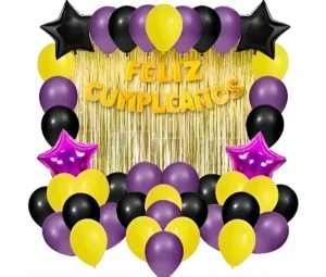 Kit Arcos Globo Decoración Cumpleaños Morado Negro Cortina