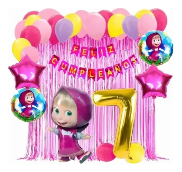 Kit Decoración Masha Y El Oso Globos Metálicos + Numero