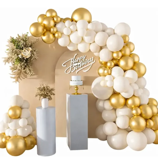 Kit Arco Decoración Globos Blanco Dorado Arena Para Fiestas