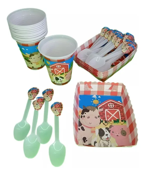 D_NQ_NP_2X_962136-MCO107037026747_022026-F Kit Decoración Granja Animalitos X36 Vasos + Plato + Cuchara