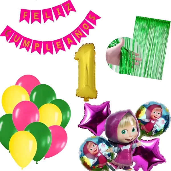 Kit Decoración Cumpleaños Masha Y El Oso Cortina Verde