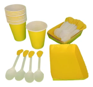 D_NQ_NP_2X_969005-MLA96878942881_102025-F Kit Decoración Amarillo Vasos + platos + cubiertos 12inv