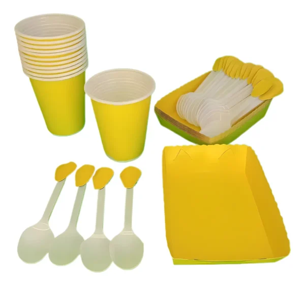 Kit Decoración Amarillo Vasos + platos + cubiertos 12inv