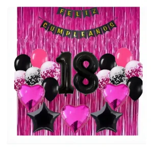 Kit Decoración Fucsia Globos Cortina Numero Cumpleaños