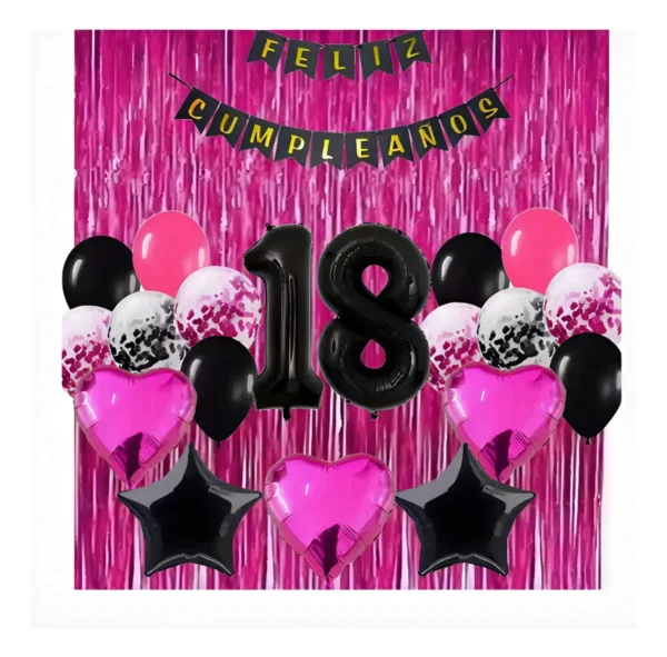 Kit Decoración Fucsia Globos Cortina Numero Cumpleaños