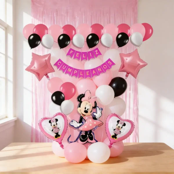 Kit Decoración Minnie Rosa Globos Metálicos + Numero