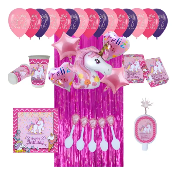 Kit Decoración Unicornio Fiesta Fucsia Mantel Vasos Platos