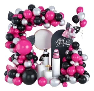 Kit Fiesta Decoración Fucsia Negro Plateado Globos