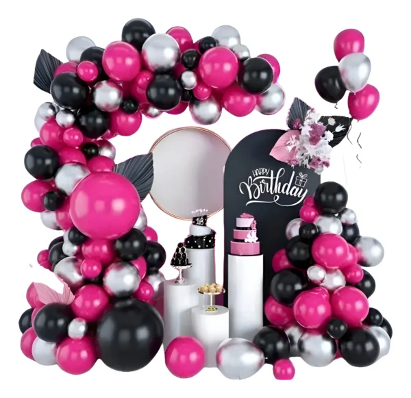 Kit Fiesta Decoración Fucsia Negro Plateado Globos