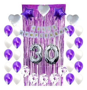 D_NQ_NP_2X_982401-MCO92771827176_092025-F Combo Kit Globos Blanco Y Morado Feliz Cumple+cortina