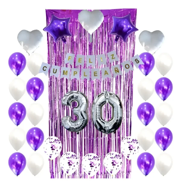 Combo Kit Globos Blanco Y Morado Feliz Cumple+cortina