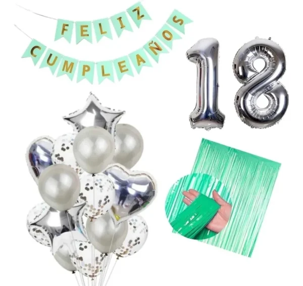 Kit Globos Plateado Verde  Festón Cortina Numero Cumpleaños